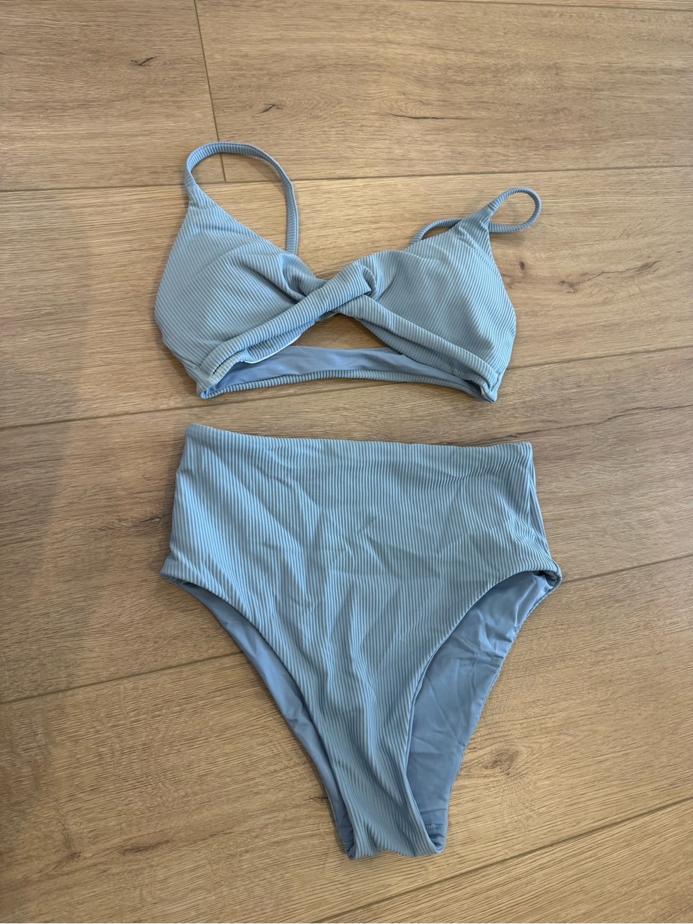 Lululemon Light Blue Ribbed Twist Front Bikini Top with High Waist Bottoms